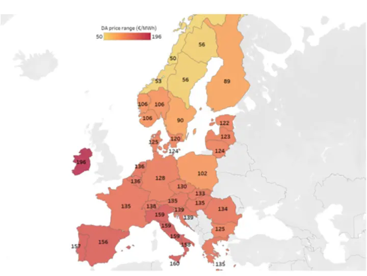 Illustration som visar medelvärdet på elpriserna i europeiska elområden i september 2021. Källa Acer. Illustrationens information finns även som text på webbsidan.